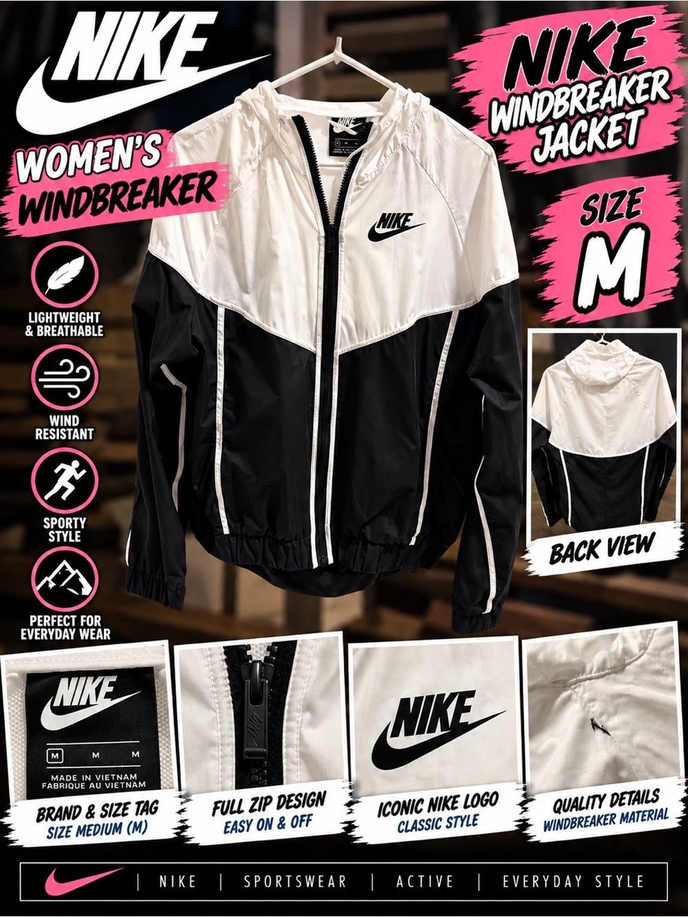Nike Women’s Windbreaker Jacket Black White Full Zip Hooded Size M